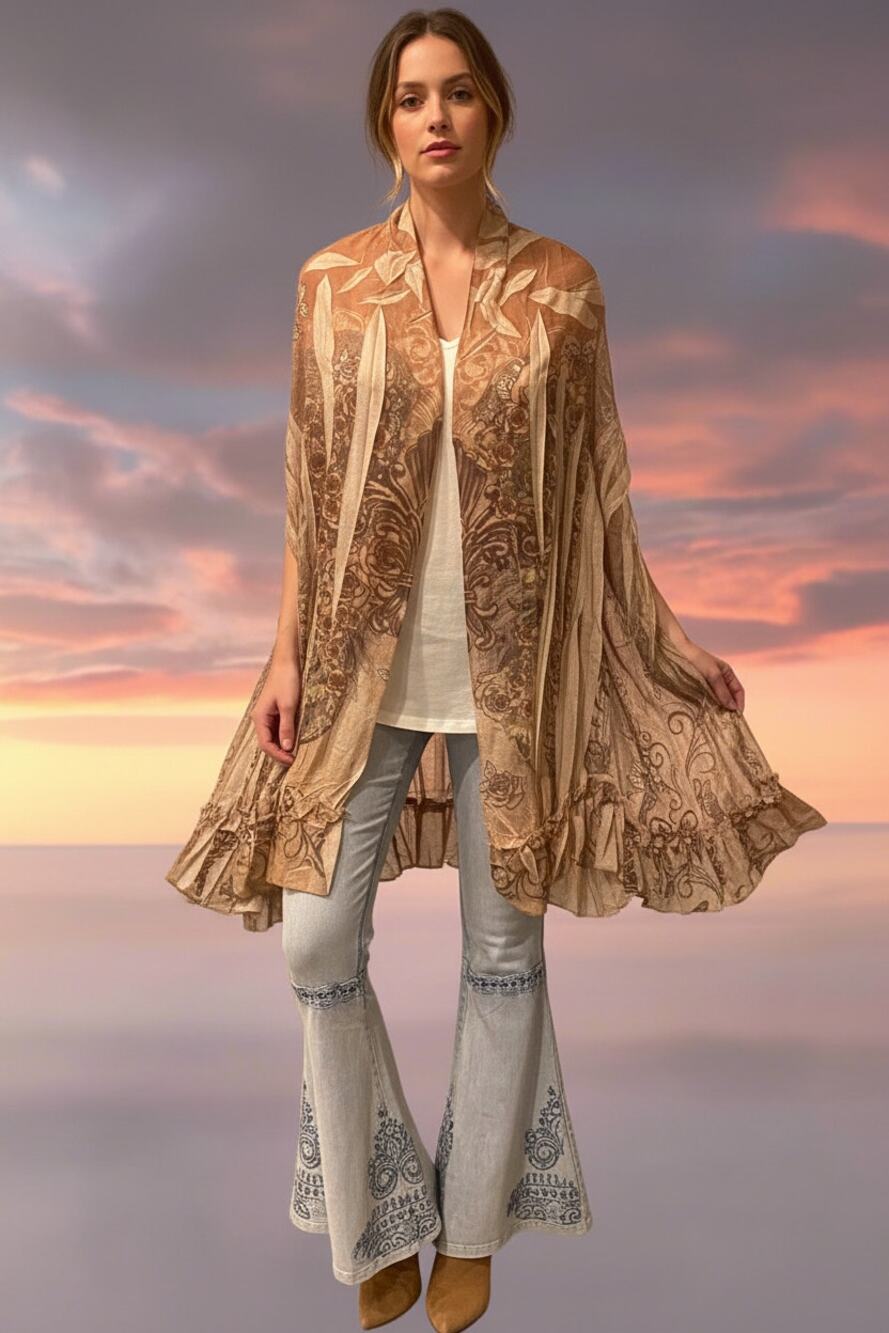 Origami Taupe Hi-Lo Oversized Vest "Fleur-de-lis" Onesize